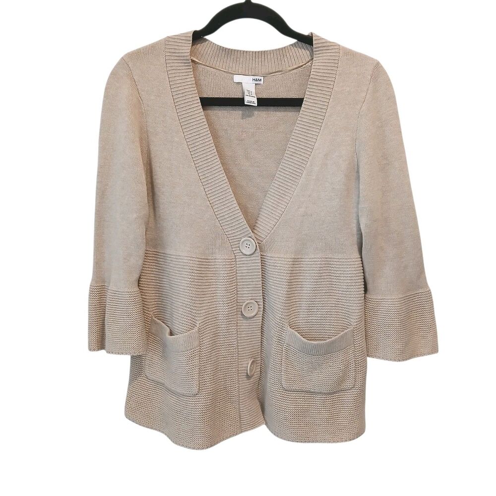 Beige Button Up Cardigan Sweater V Neck Sz Small H&M Knit 3/4 Sleeve Big Buttons